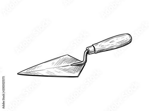 Masonry Trowel Tool: Artistic Ink Pen Sketch, Construction Bricklayer Hand Tool Illustration, Minimalist Line Art