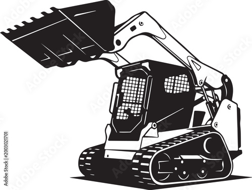 Black and white skid steer loader, heavy equipment illustration, construction vehicle, industrial machine