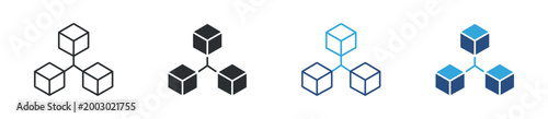 Blockchain network icon set. Distributed data structure concept. Connected cubes symbol in line, filled and colored styles. Vector illustration.