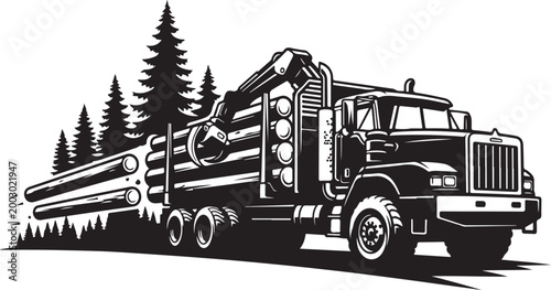 Log Truck Vector, Forestry Transport Illustration, Heavy Industry Icon, Black and White Clipart