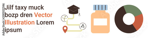 Education, healthcare, research, data analysis, academic studies, medical concepts. Graduation cap with map, medicine bottle and pie chart. Education and healthcare