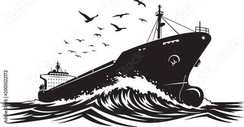 Black ship, cargo vessel, ocean waves, silhouette illustration, vector graphics