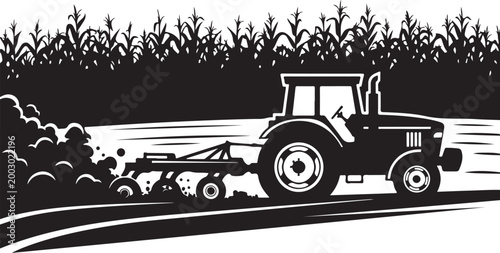 Black and white tractor plowing field, agricultural vector illustration, farming equipment, monochrome