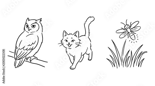 Wise Owl, Playful Cat and Buzzing Bee in Nature