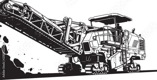 Asphalt paver, road construction, black and white, vector illustration, paving machine, roadwork equipment