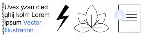 Graphic design, branding, mindfulness, energy, documents, placeholder content. Bold lightning bolt, lotus flower and profile document icon . Graphic design and mindfulness concept