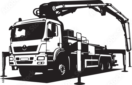 Black and white vector truck, concrete pump truck, construction vehicle, industrial equipment