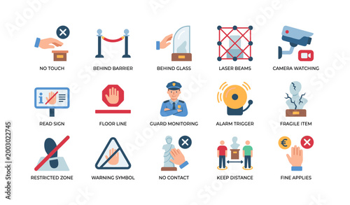 Security icons showing access restrictions and monitoring