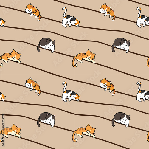 Seamless Pattern with Cute Cat and Wavy Line Design on Light Brown Background. Hand Drawn Vector Illustration. 