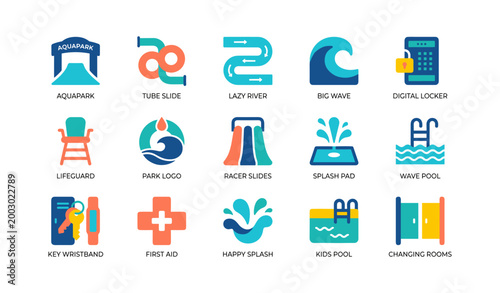 Aquapark icons showing water attractions on white background