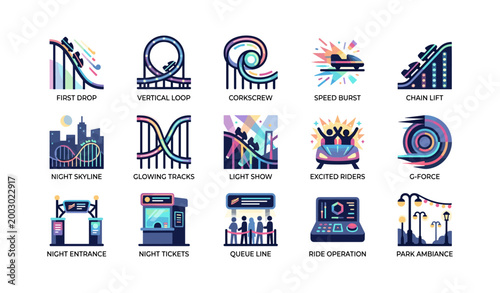 Roller coaster park icons showing ride elements in grid
