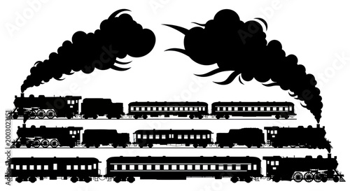 Vintage Steam Trains Silhouette Collection with Smoke Clouds