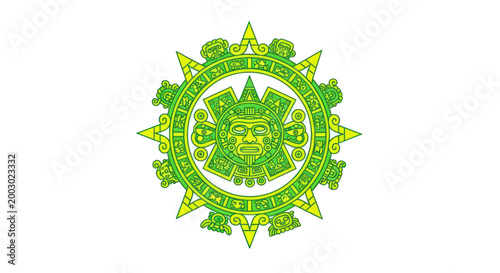 Aztec Sun Stone, Mayan Calendar Symbol Illustration, Green on White