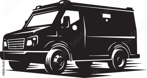 Black delivery van, cargo vehicle, transportation icon, silhouette illustration