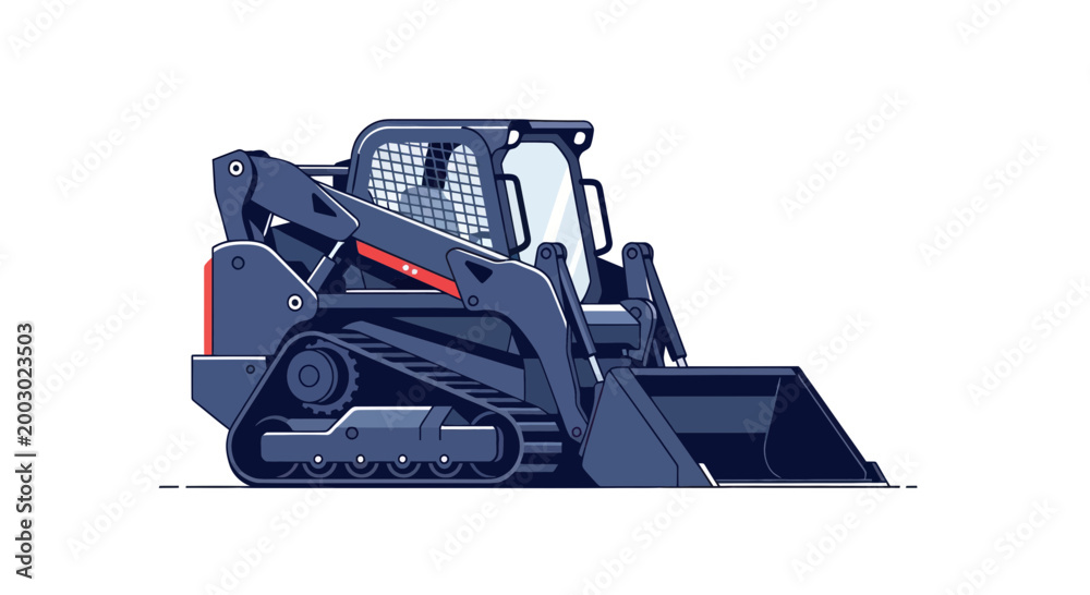 Fototapeta premium Compact Track Loader with Bucket, Construction Machine Vector Illustration