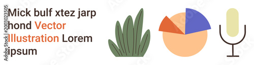 Nature, data visualization, communication, analytics, media, sound recording. Icons of a grass illustration, colorful pie chart and microphone. Nature and data visualization