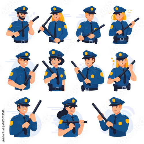 Diverse Police Officers Collection - Law Enforcement Team Holding Batons