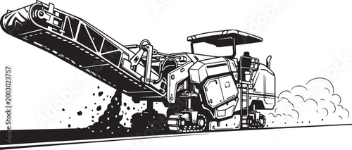Asphalt paver, road construction machine, black and white vector, industrial equipment, paving vehicle