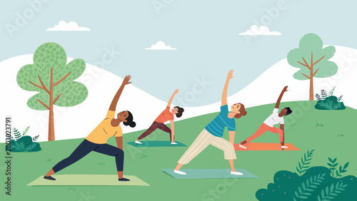Group of diverse people practicing yoga in a park, performing triangle pose on mats