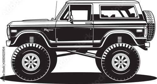 Black and white line of a classic off road vehicle with large tires truck