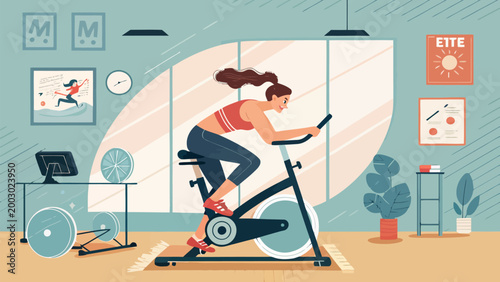 Woman exercising on a stationary bike in a modern home gym