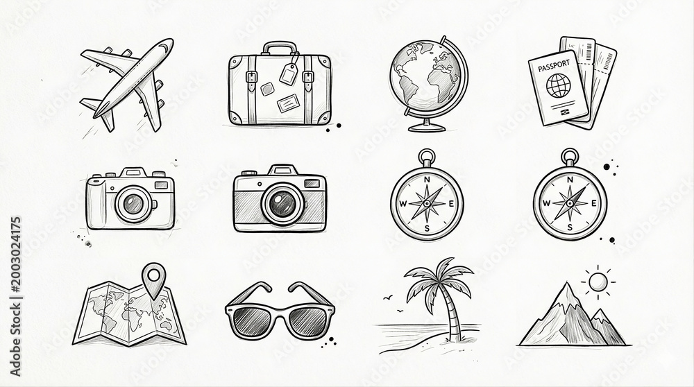 Fototapeta premium Hand Drawn Travel Icons Set Black and White Sketch Style