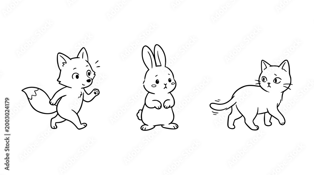 Fototapeta premium Running fox, bunny, and curious cat illustrations