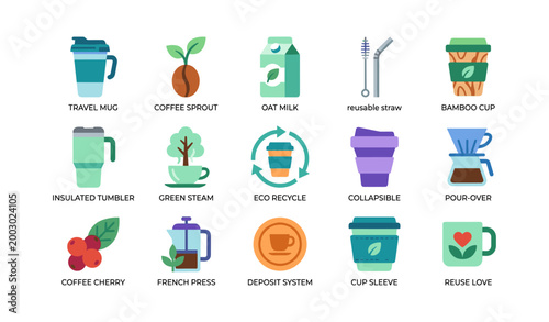 Assorted sustainable coffee icons displayed on white grid