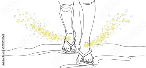 Human legs wearing simple flip flop sandals walking forward while being surrounded by a magical trail of glowing yellow stars created in a continuous line art