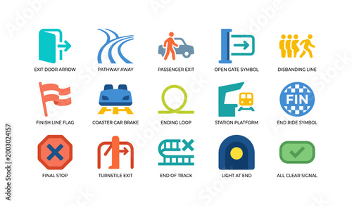 Exit and ride end symbols arranged in white grid layout