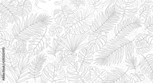 Hand drawn black and white line art pattern featuring a dense arrangement of various tropical monstera and palm tree leaves for creative coloring book page designs