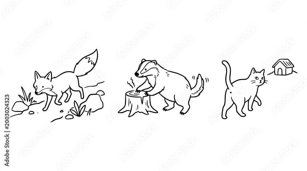 Naklejka premium Curious fox, busy badger, and a pet cat sketch
