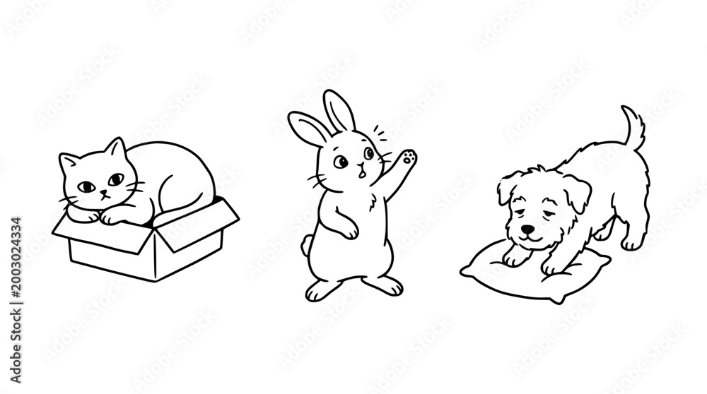 Fototapeta premium Cat asleep on a box with playful bunny and dog