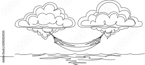 Single line drawing of a hammock suspended between two clouds above gentle waves symbolizing peaceful relaxation and freedom