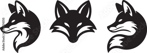 Black and white minimalist fox head in profile and front view animal