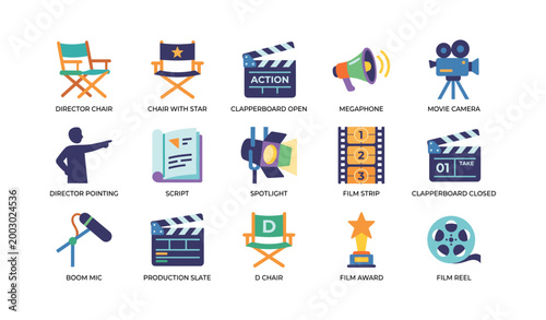 Film production icons arranged in a grid on white background