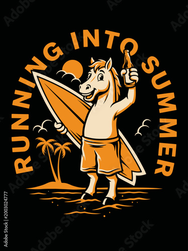 Cartoon Horse Holding Surfboard Beach.