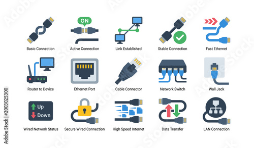 Ethernet cables and wired network connection icons grid