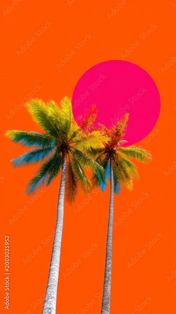 Fototapeta premium Colorful palm trees stretch towards a bright magenta sun, set against a bold orange background. This artistic display captures the lively spirit of reggaeton music and summer energy