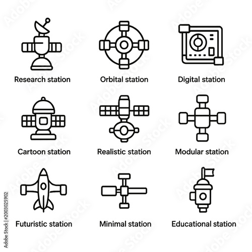 Futuristic space stations: cartoon, realistic, minimal, modular, and more styles