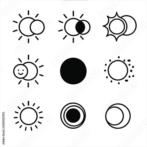 Minimalist solar eclipse icons set with diverse sun and moon designs