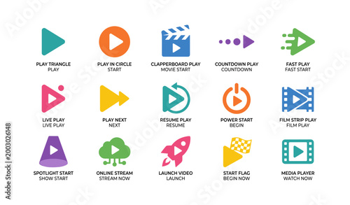 Play icons showing various playback controls on white background