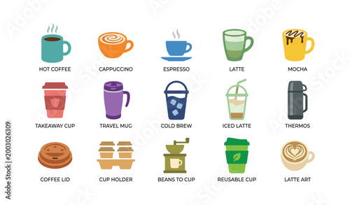 Various coffee drink and container icons on white background