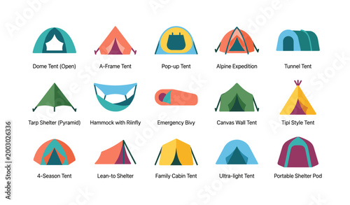 Multiple tent types shown in grid on white background