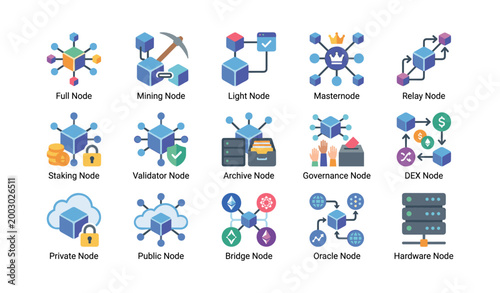 Blockchain node icons illustrating node types on white background
