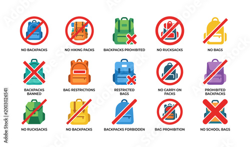 No backpack icons showing bag prohibition symbols on white background