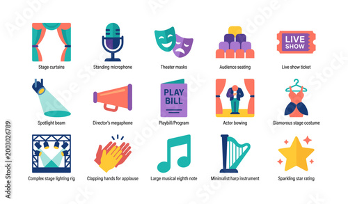 Collection of theater icons arranged on white background