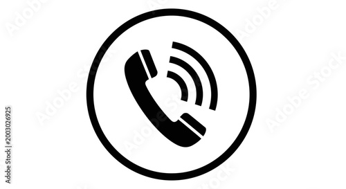 Simple black and white icon of a telephone handset within a circular frame communication symbol