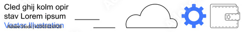 Cloud computing, digital wallets, security, technology usage, networking, automation. A cloud, wallet and gear icon modern connectivity. Cloud computing and digital wallets concept