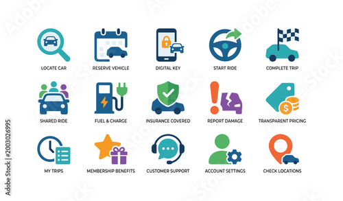 Car sharing and ride service icons displayed on white background
